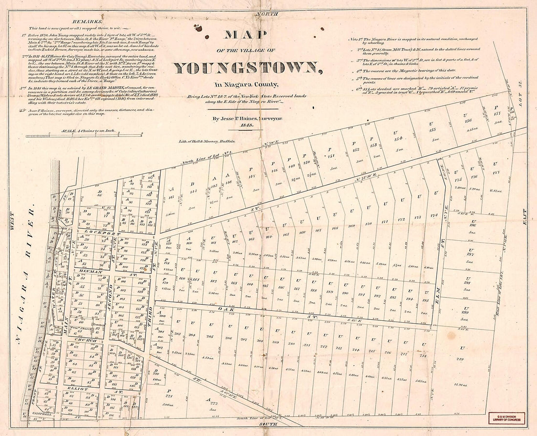 This old map of Map of the Village of Youngstown In Niagara County : Being Lots Nos. 1 &amp; 2 of the New York State Reserved Lands Along the E. Side of the Niagara River from 1848 was created by Jesse P. Haines,  Hall &amp; Mooney in 1848