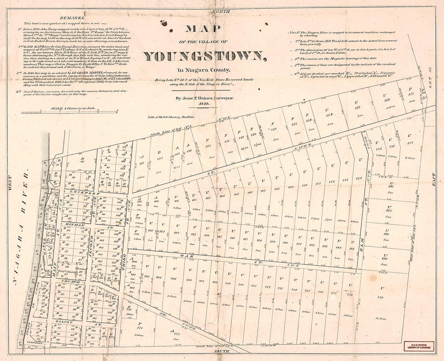 This old map of Map of the Village of Youngstown In Niagara County : Being Lots Nos. 1 &amp; 2 of the New York State Reserved Lands Along the E. Side of the Niagara River from 1848 was created by Jesse P. Haines,  Hall &amp; Mooney in 1848