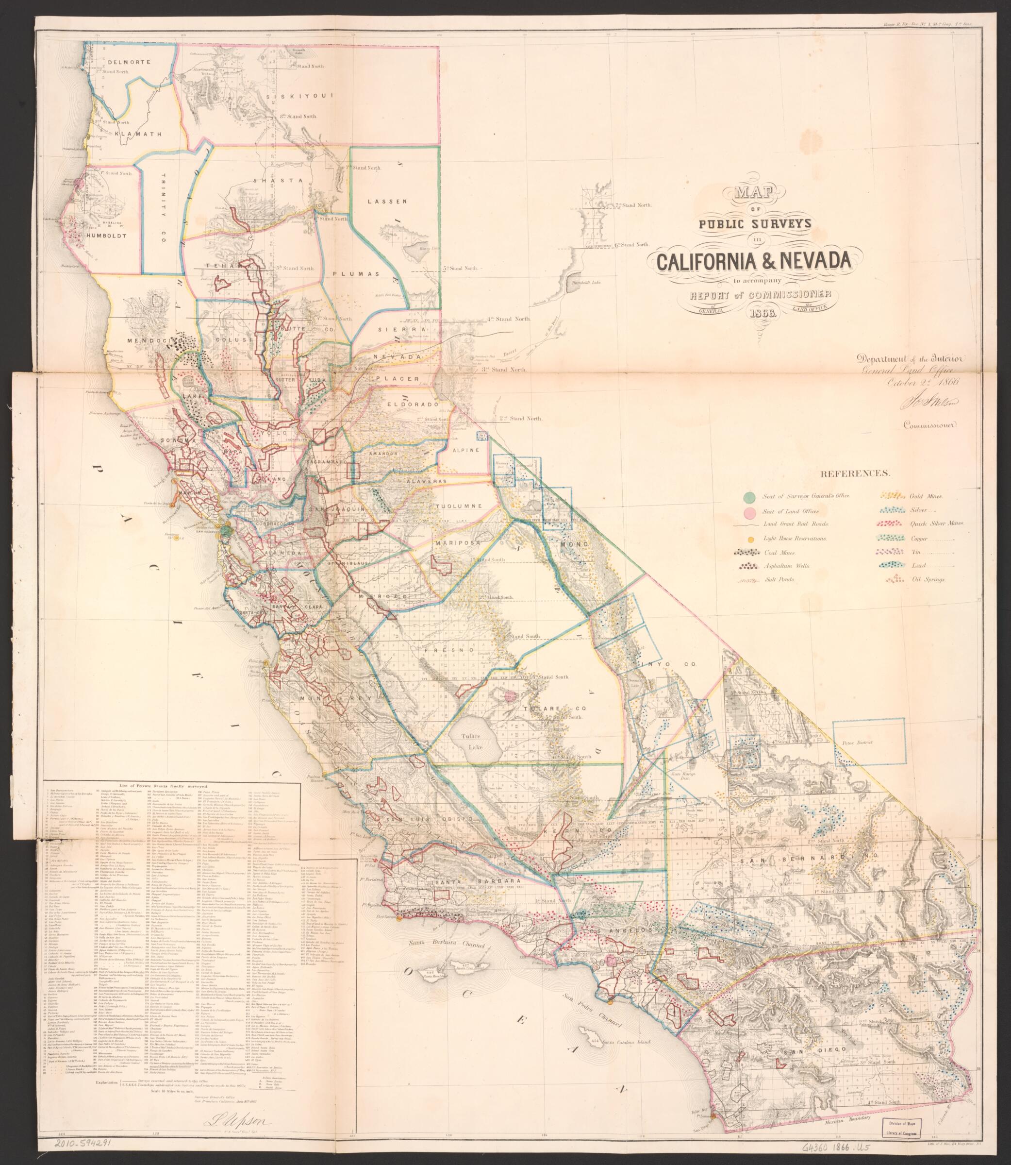 This old map of Map of Public Surveys In California &amp; Nevada : to Accompany Report of Commissioner of the General Land Office, from 1866 was created by Julius Bien,  New York Lithographing and Engraving Co,  United States. General Land Office in 1866