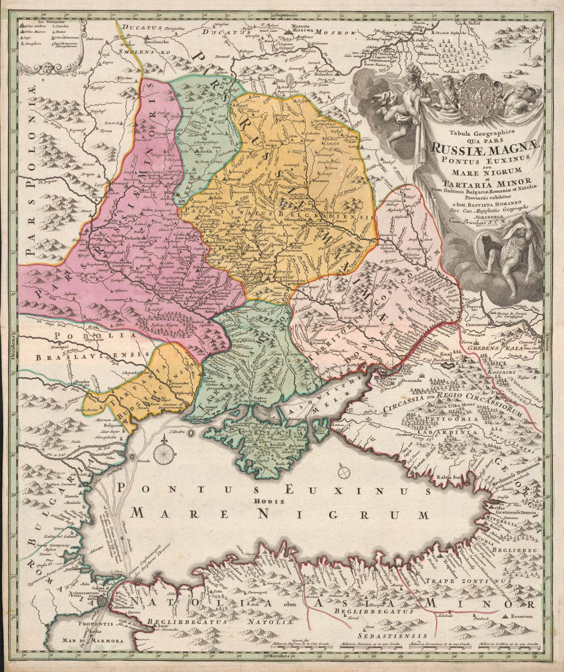 This old map of Tabula Geographica Qua Pars Rusiae Magnae : Pontus Euxinus Seu Mare Nigrum Et Tartaria Minor Cum Finitimis Bulgariae Romaniae Et Natoliae Provinciis from 1720 was created by Johann Baptist Homann in 1720
