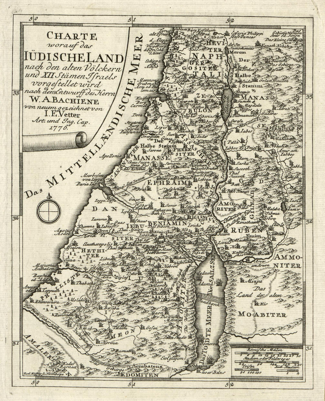 This old map of Charte Worauf Das Lüdischeland : Nach Den Alten Völckern Und XII Stämen Israels Vorgesstellet Wird Nach Dem Entwurff Des Herrn W.A. Bachiene from 1776 was created by I. E. Vetter in 1776