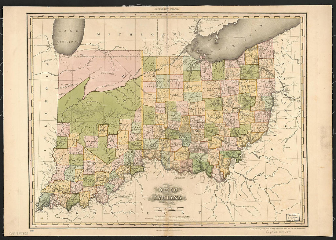 This old map of Ohio and Indiana from 1819 was created by Henry Schenck Tanner in 1819