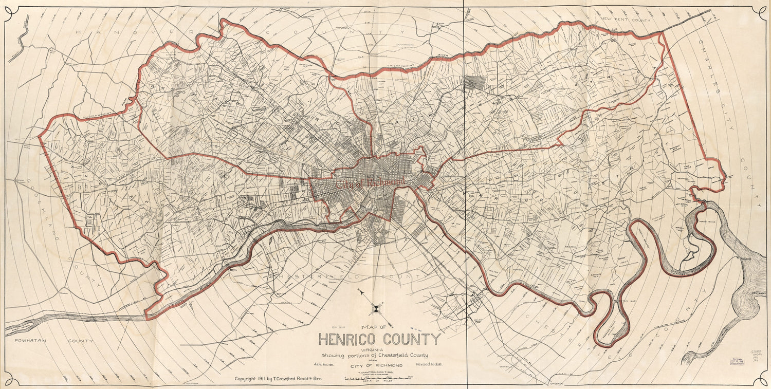 This old map of Map of Henrico County, Virginia : Showing Portions of Chesterfield County Also City of Richmond from 1911 was created by  T. Crawford Redd &amp; Brother in 1911