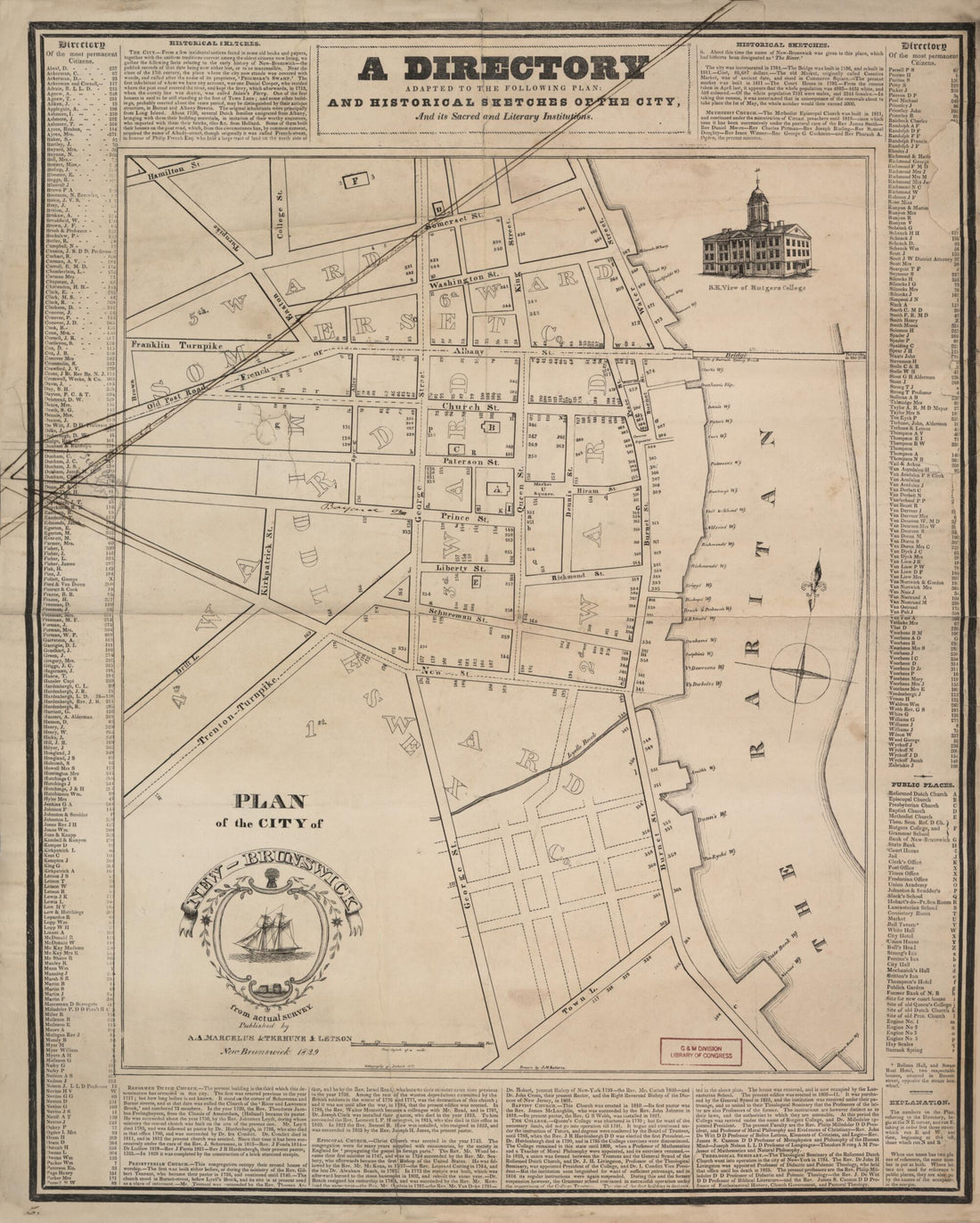 This old map of Brunswick : from Actual Survey (A Directory Adapted to the Following Plan and Historical Sketch of the City, and Its Sacred and Literary Institutions) from 1829 was created by J. M. Roberts,  Terhune &amp; Letson in 1829