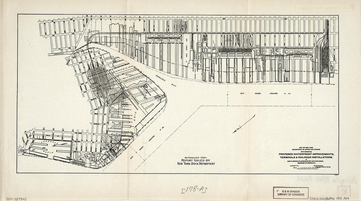Map Showing Proposed Waterfront Improvements, Terminals &amp; Railroad Installations : at South Brooklyn, Gowanus Bay, and Erie Basin, Borough of Brooklyn 1911 by Relic Map Company