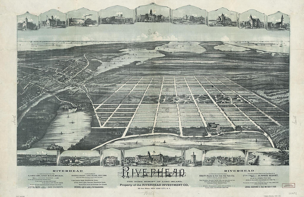 Riverhead, the Home Resort of Long Island : Property of the Riverhead Investment County, 30 Ann Street, New York City, New York (Riverhead) 1890 by Relic Map Company
