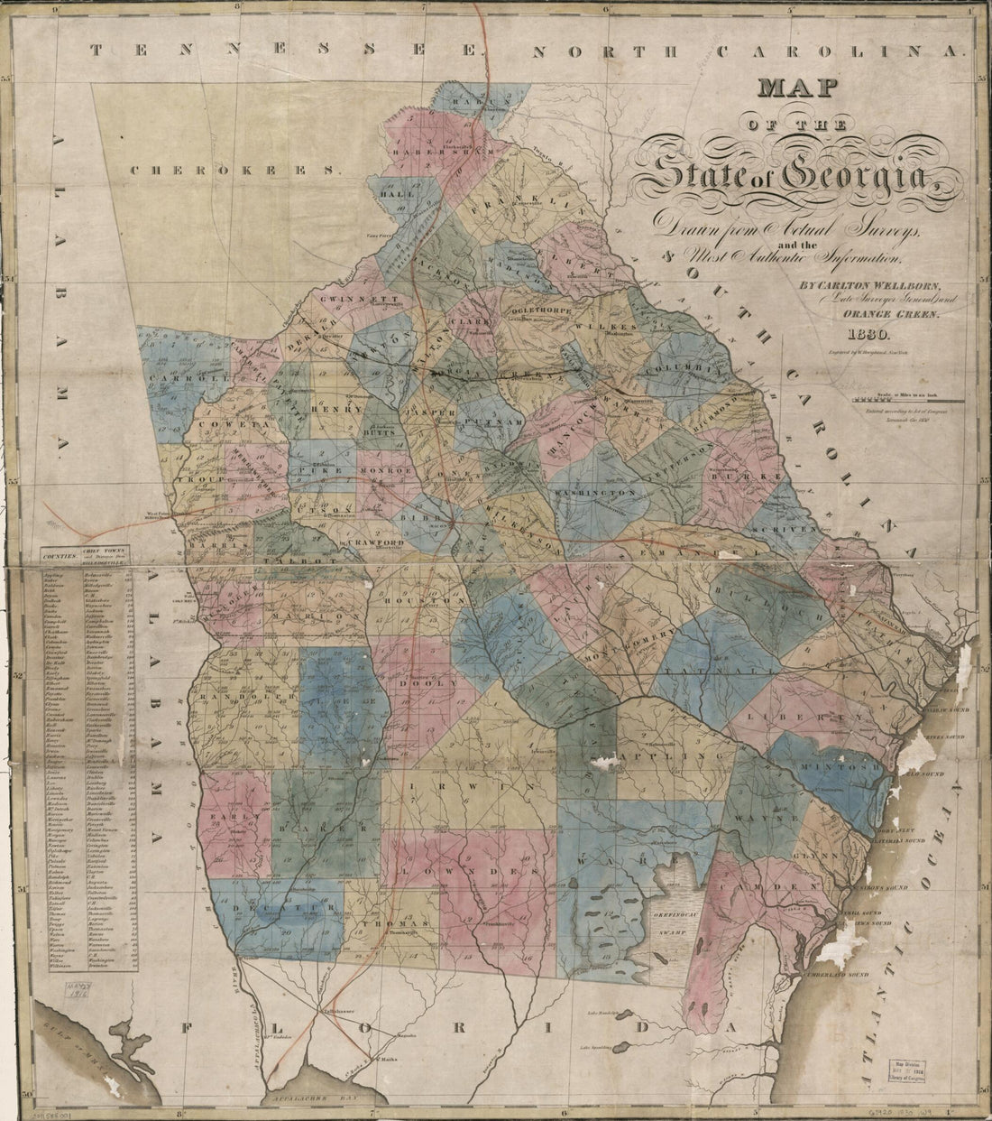 This old map of Map of the State of Georgia, Drawn from Actual Surveys and the Most Authentic Information from 1830 was created by Orange Green, William Hoogland, Carlton Wellborn in 1830