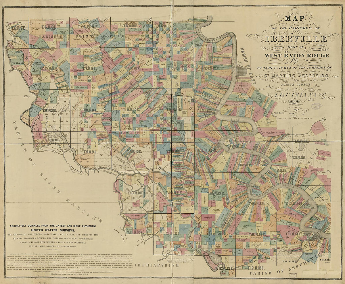 Map of the Parishes of Iberville Most of West Baton Rouge and Including Parts of the Parishes of St. Martins, Ascension, and Pointe Coupee, Louisiana : Accurately Compiled From Latest and Most Authentic United States Surveys in 1883 by Relic Map Company