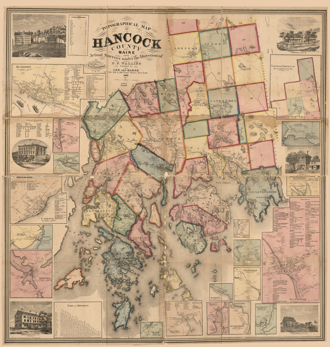 This old map of Topographical Map of Hancock County, Maine from 1860 was created by  H.F. Walling&