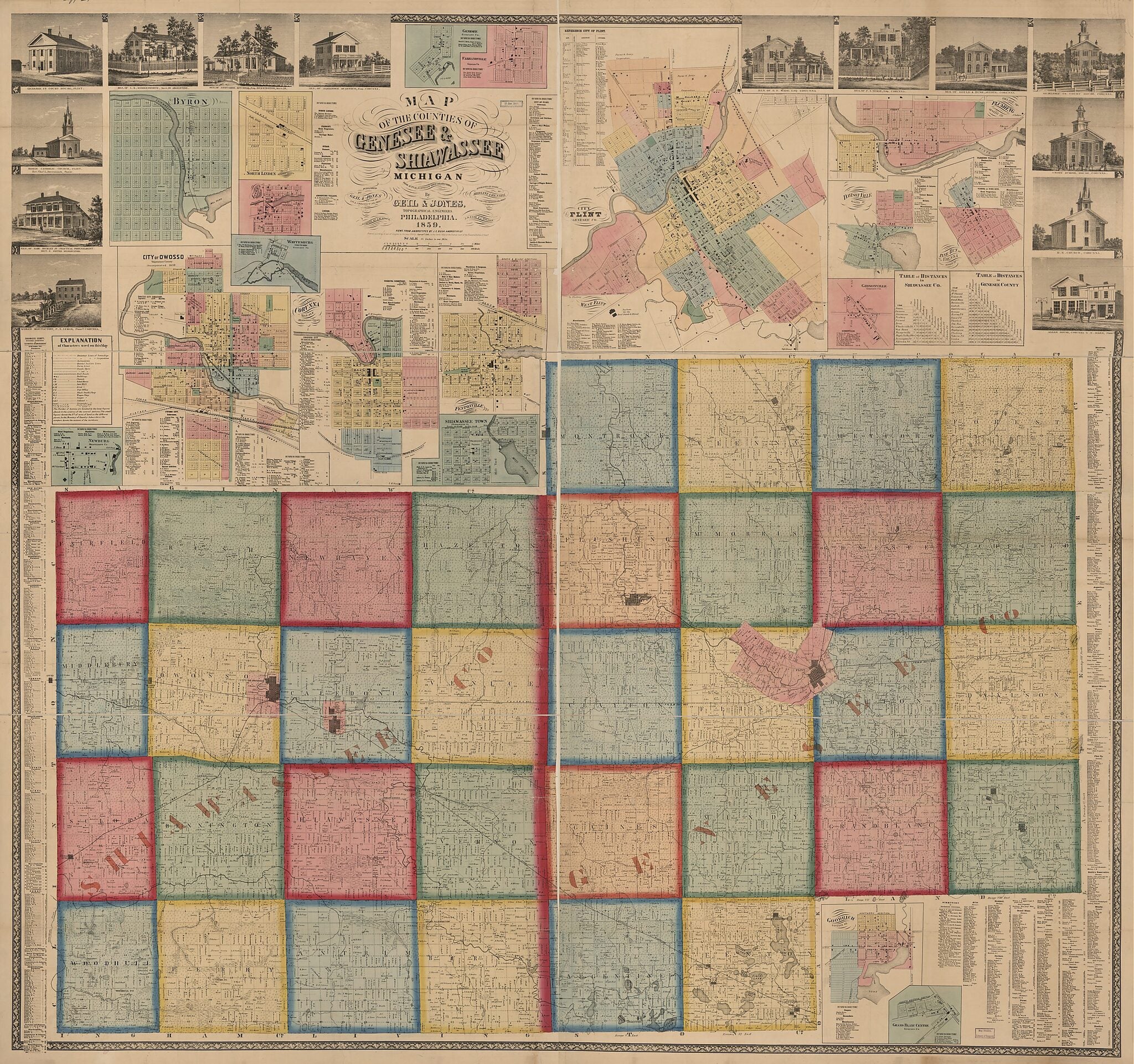 This old map of Map of the Counties of Genesee &amp; Shiawassee, Michigan, from 1859 : from Actual Surveys &amp; Official Records was created by J. E. (John E.) Bush,  Geil and Jones,  Herline &amp; Hensel in 1859