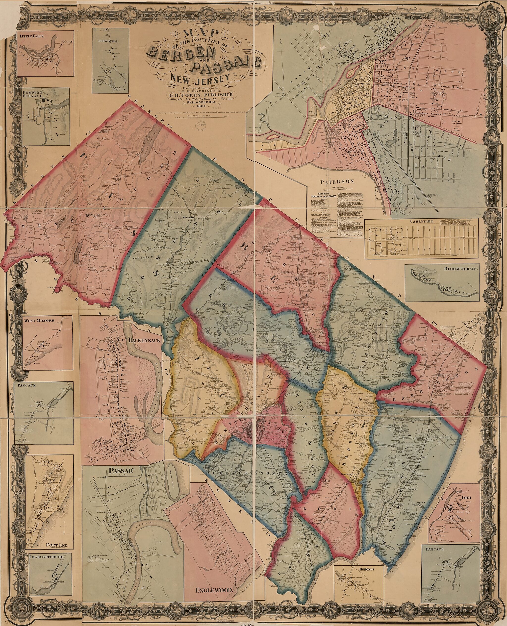 This old map of Map of the Counties of Bergen and Passaic, New Jersey : from Actual Surveys from 1861 was created by G. H. Corey, John E. Gillette, Griffith Morgan Hopkins in 1861