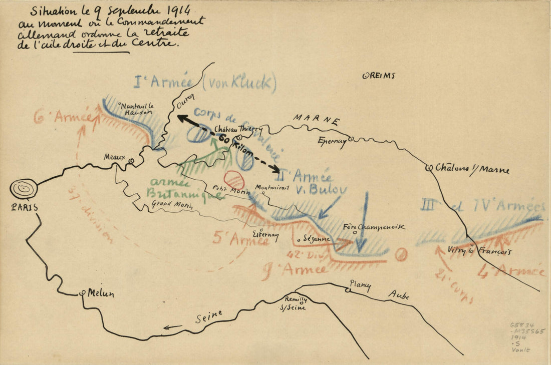 This old map of Situation Le 9 Septembre from 1914 La Veille De La Bataille De La Marne : France was created by  in 1914