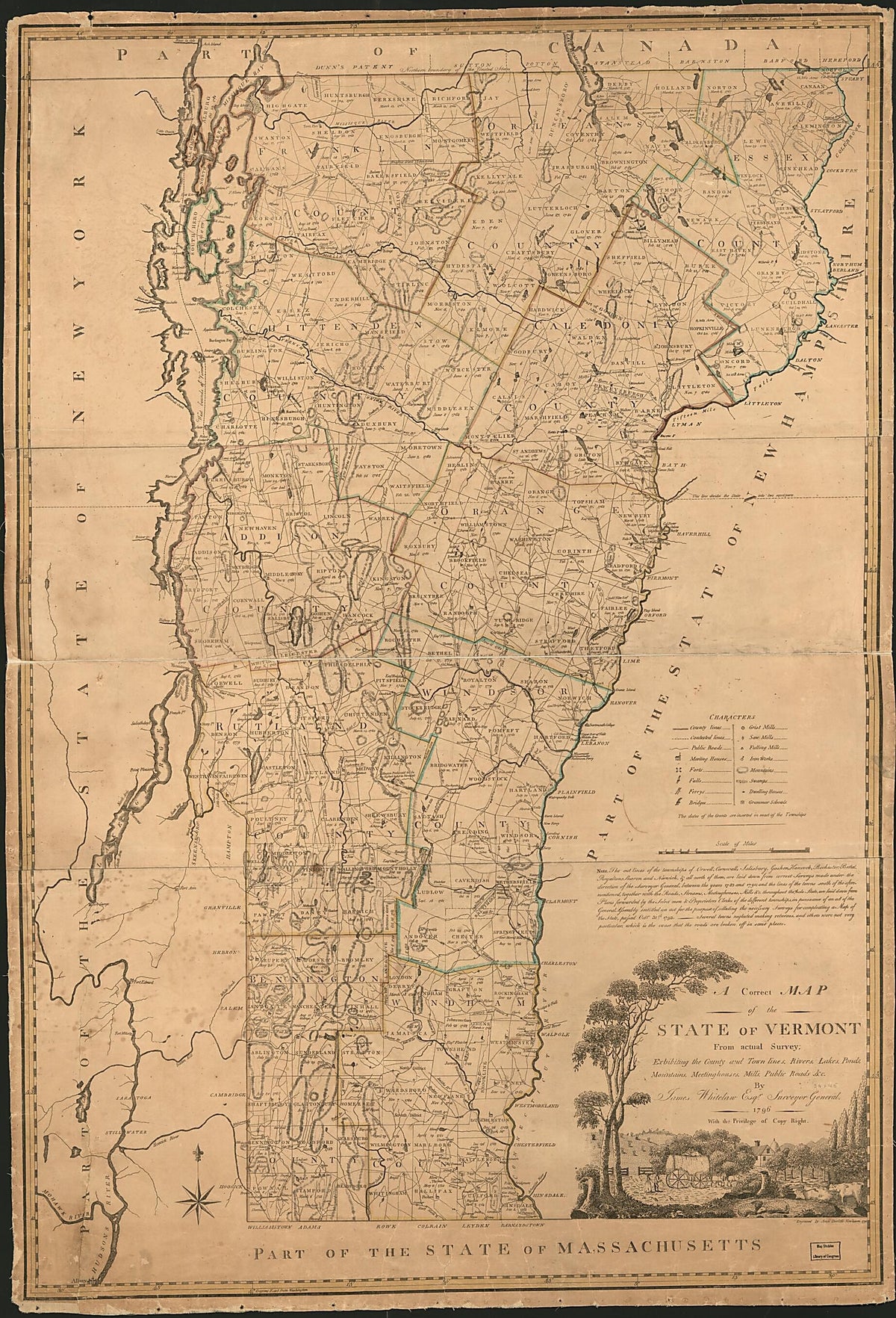 A Correct Map of the State of Vermont : Exhibiting the County and Town Lines, Rivers, Lakes, Ponds, Mountains, Meetinghouses, Mills, Public Roads &amp;c in 1796 by Relic Map Company