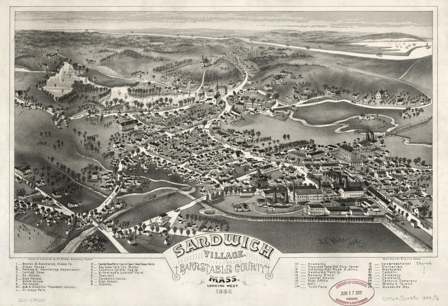 This old map of Sandwich Village, Barnstable County, Massachusetts, Looking West, from 1884 (Sandwich Village, Barnstable County, Massachusetts, Looking West, from 1884) was created by  Geo. H. Walker &amp; Co, A. F. Poole in 1884