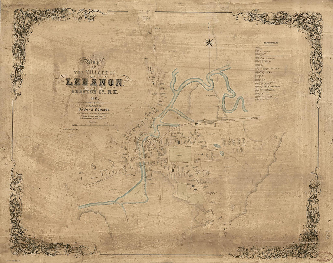 This old map of Map of the Village of Lebanon, Grafton County, New Hampshire, from 1853 was created by  Presdee &amp; Edwards,  Sarony &amp; Co in 1853