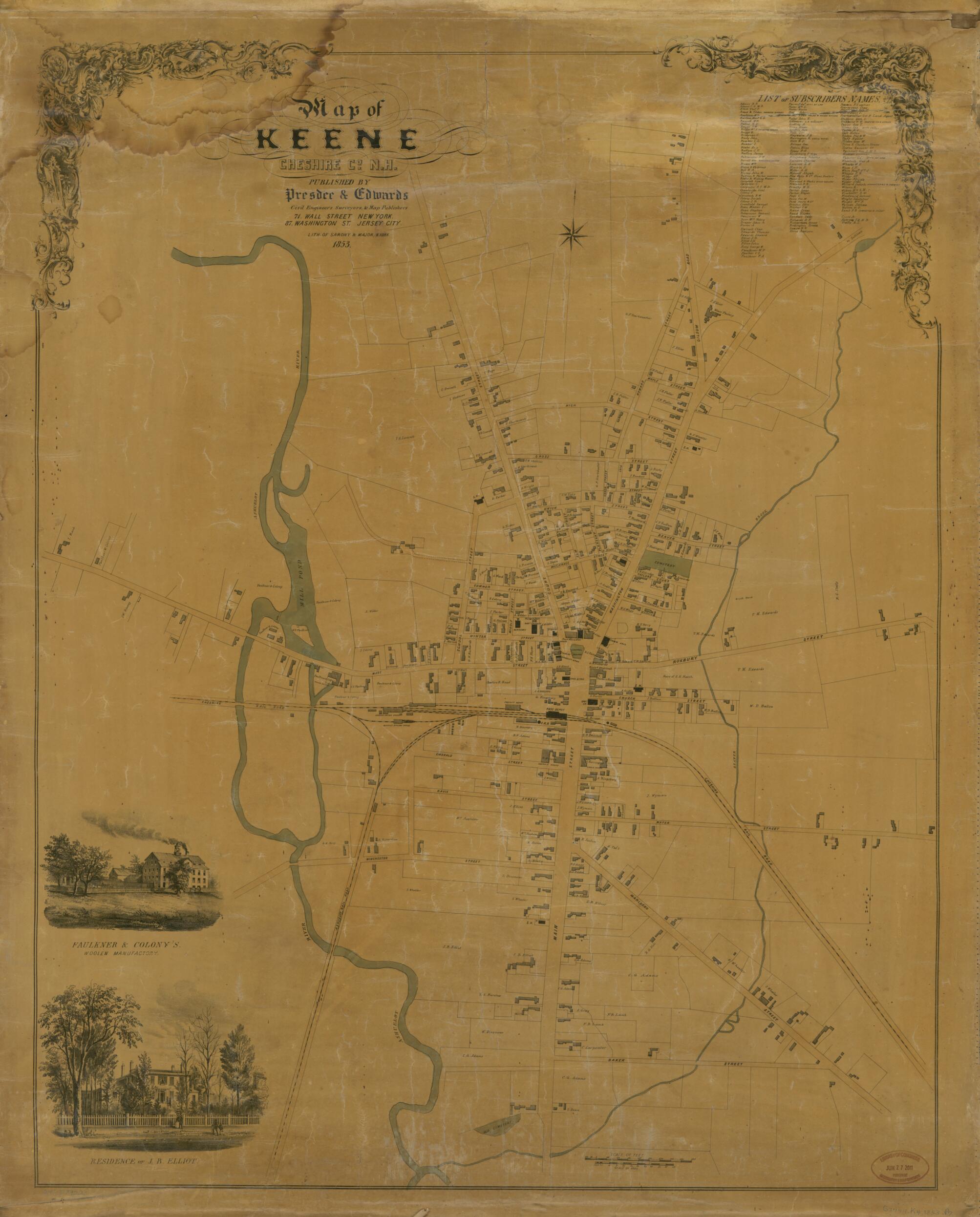 This old map of Map of Keene, Cheshire Co., New Hampshire (Map of Keene, Cheshire County, New Hampshire) from 1853 was created by  Presdee &amp; Edwards,  Sarony &amp; Major in 1853