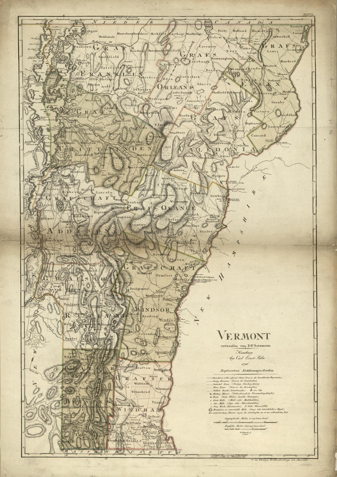 This old map of Vermont from 1796 was created by Carl Ernst Bohn, Paulus Schmidt, D. F. Sotzmann in 1796