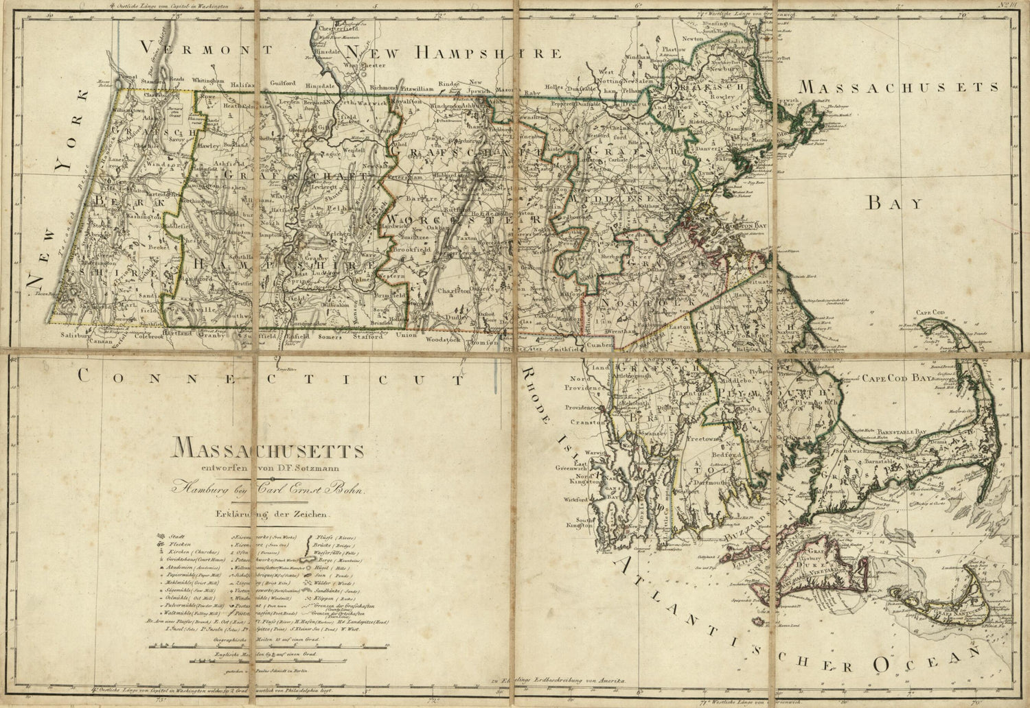 This old map of Massachusetts from 1796 was created by Carl Ernst Bohn, Paulus Schmidt, D. F. Sotzmann in 1796