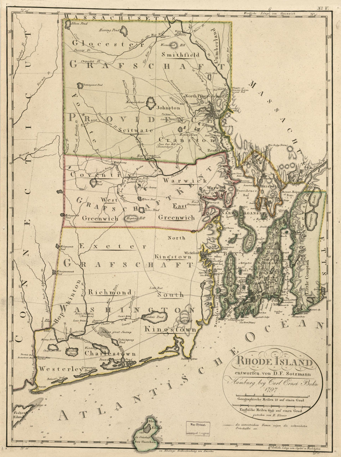 This old map of Rhode Island from 1797 was created by Carl Ernst Bohn, Heinrich Kliewer, D. F. Sotzmann in 1797