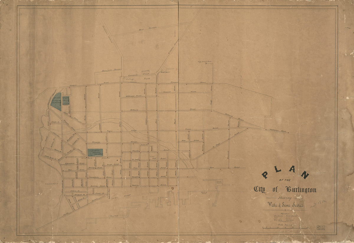 Plan of the City of Burlington Shewing i.e. Showing Water &amp; Sewer Service in 1850 by Relic Map Company