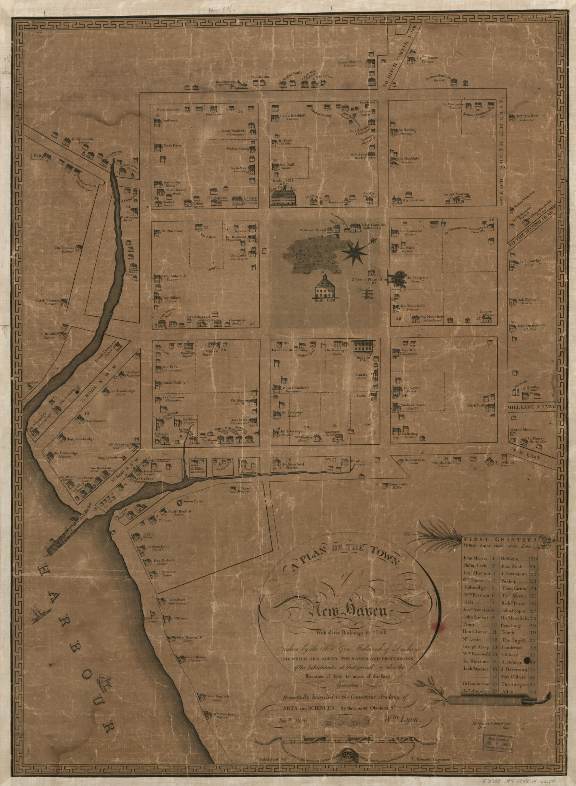 This old map of A Plan of the Town of New Haven : With All the Buildings In 1748 Taken by the Hon. Gen. Wadsworth of Durham to Which Are Added the Names and Professions of the Inhabitants at That Period : Also the Location of Lots to Many of the First Gr