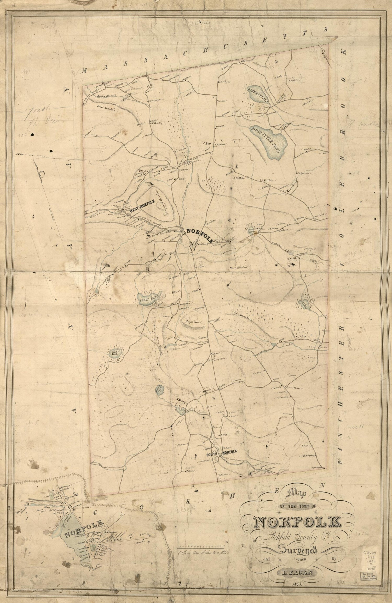 This old map of Map of the Town of Norfolk, Litchfield County, Connecticut from 1853 was created by L. Fagan in 1853