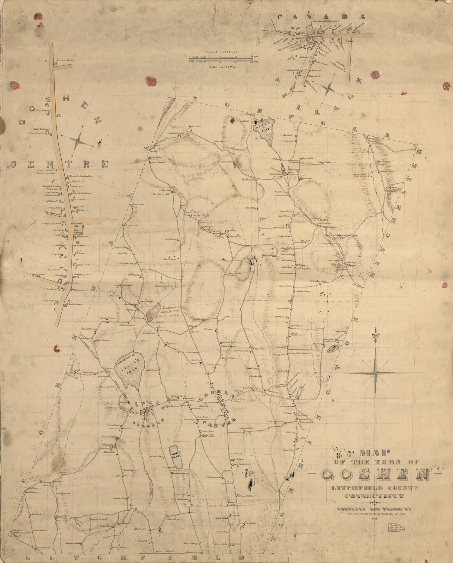 This old map of Map of the Town of Goshen, Litchfield County, Connecticut from 1852 was created by E. M. Woodford in 1852