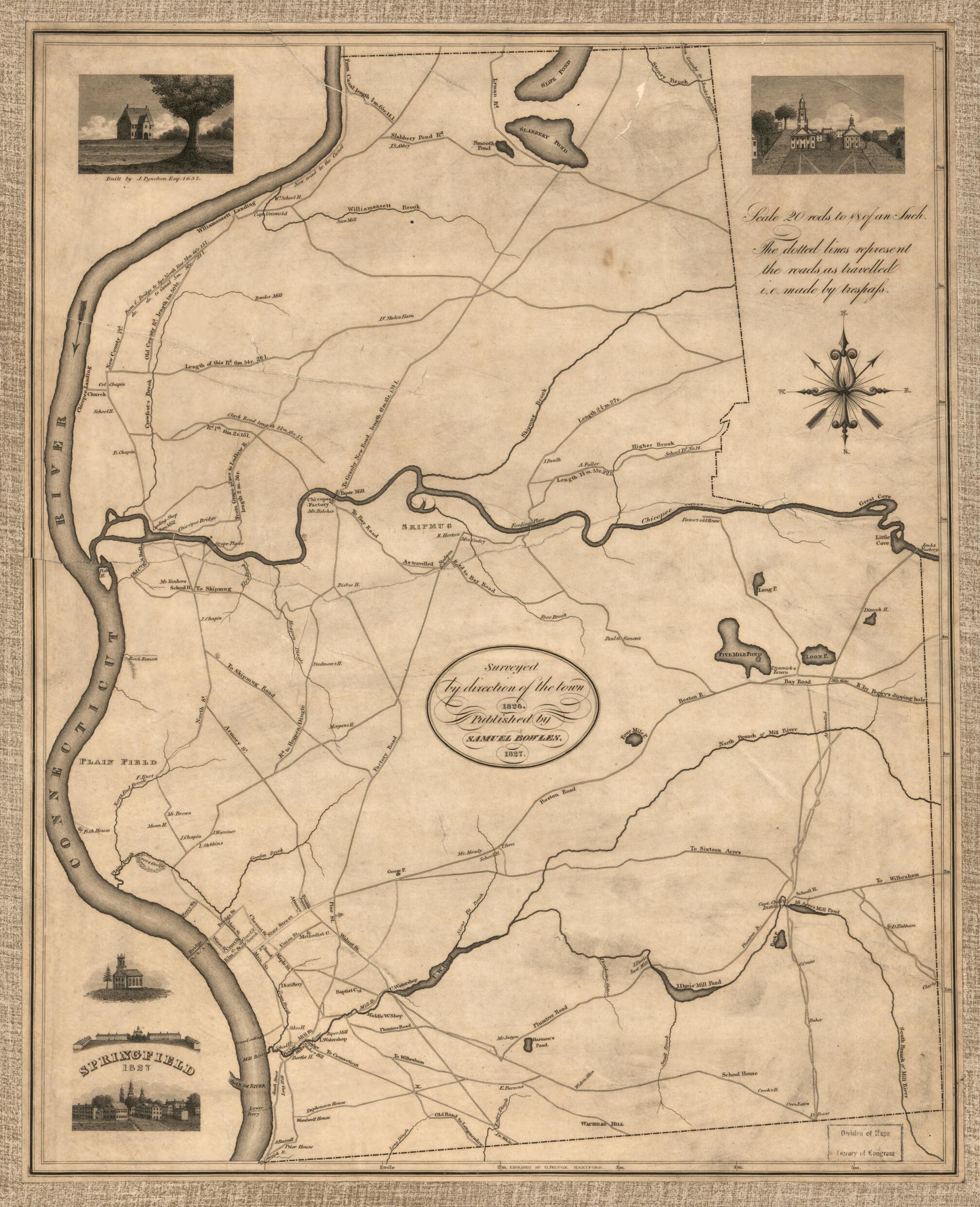 This old map of Springfield, from 1827 : Surveyed by Direction of the Town, 1826 was created by Samuel Bowles, Oliver Pelton in 1827