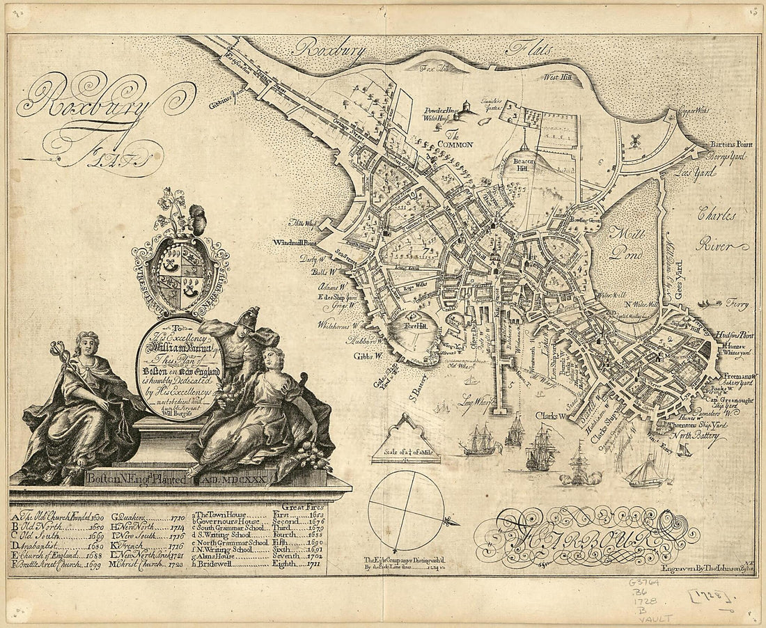 This old map of To His Excellency William Burnet, Esqr., This Plan of Boston In New England Is Humbly Dedicated by His Excellencys Most Obedient and Humble Servant Will Burgiss from 1728 was created by William Burgis, Thos Johnson in 1728