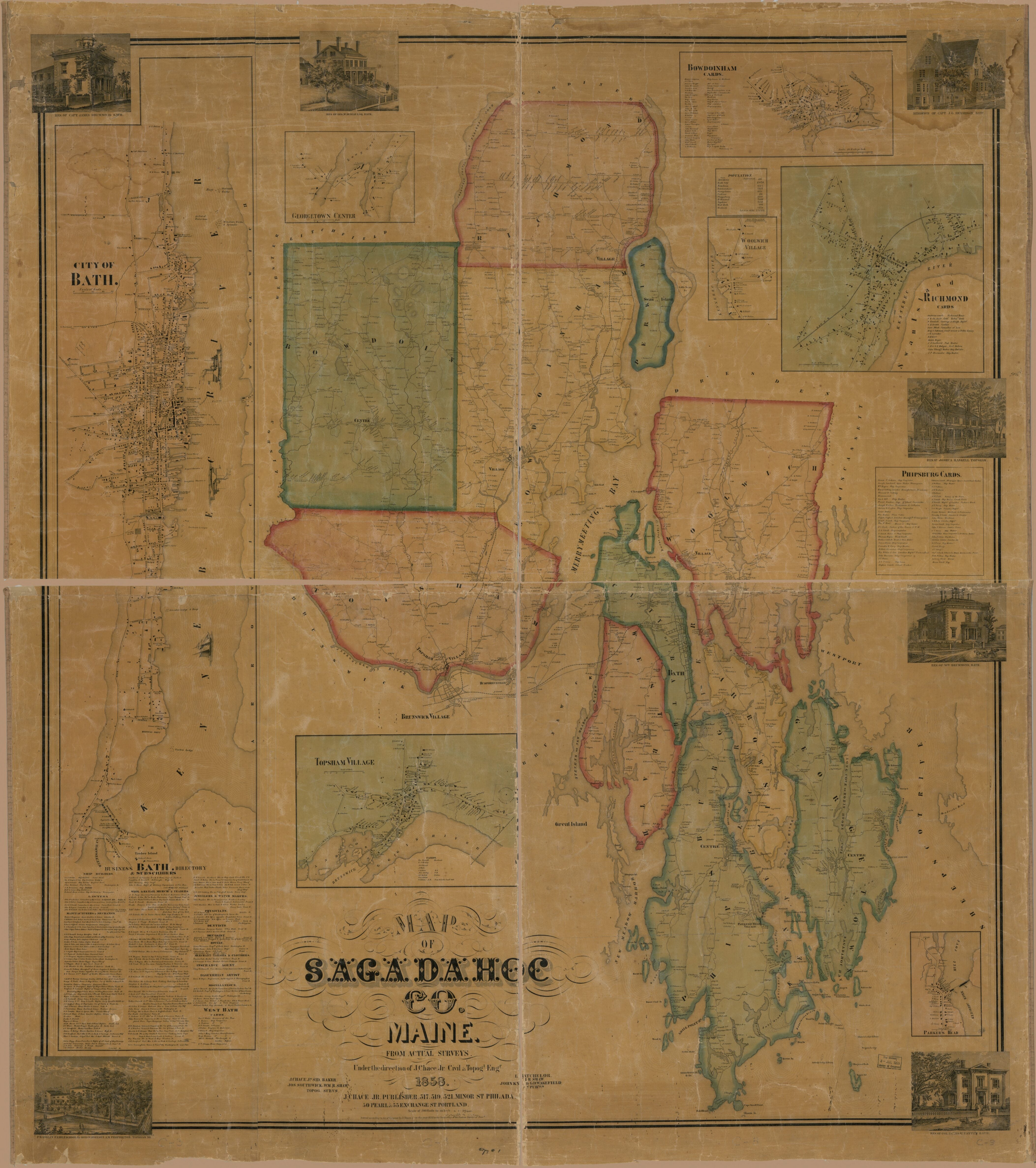 This old map of Map of Sagadahoc Co., Maine : from Actual Surveys from 1858 was created by J. Chase in 1858