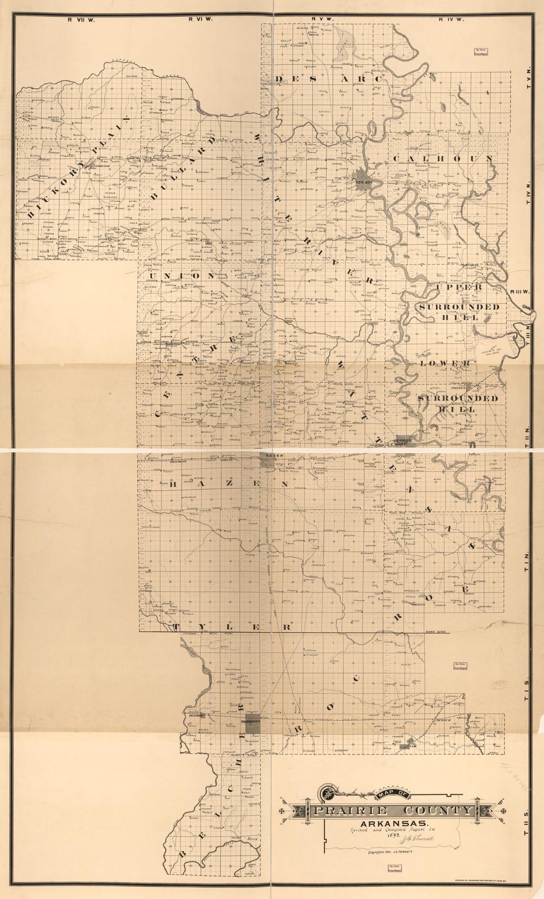 This old map of Map of Prairie County, Arkansas (Prairie County, Arkansas) from 1892 was created by J. G. (Joseph Gustavus) Thweatt in 1892