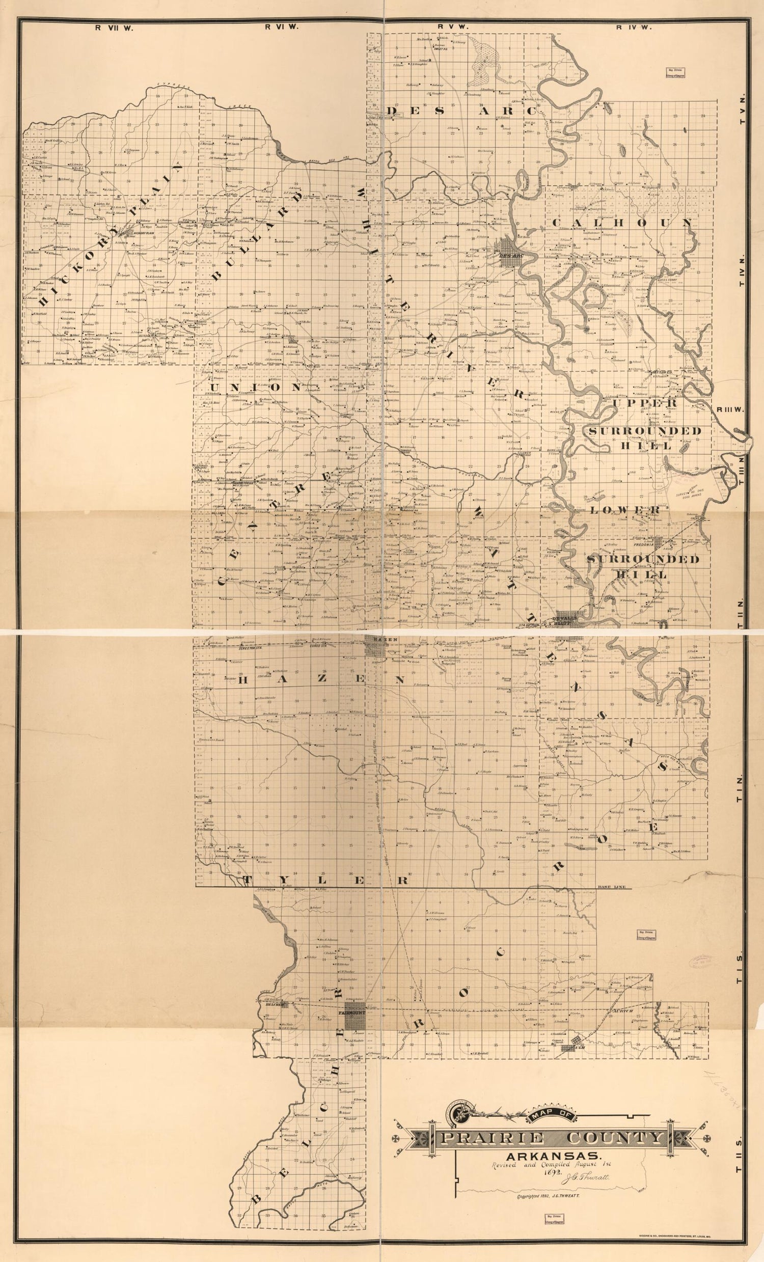 This old map of Map of Prairie County, Arkansas (Prairie County, Arkansas) from 1892 was created by J. G. (Joseph Gustavus) Thweatt in 1892