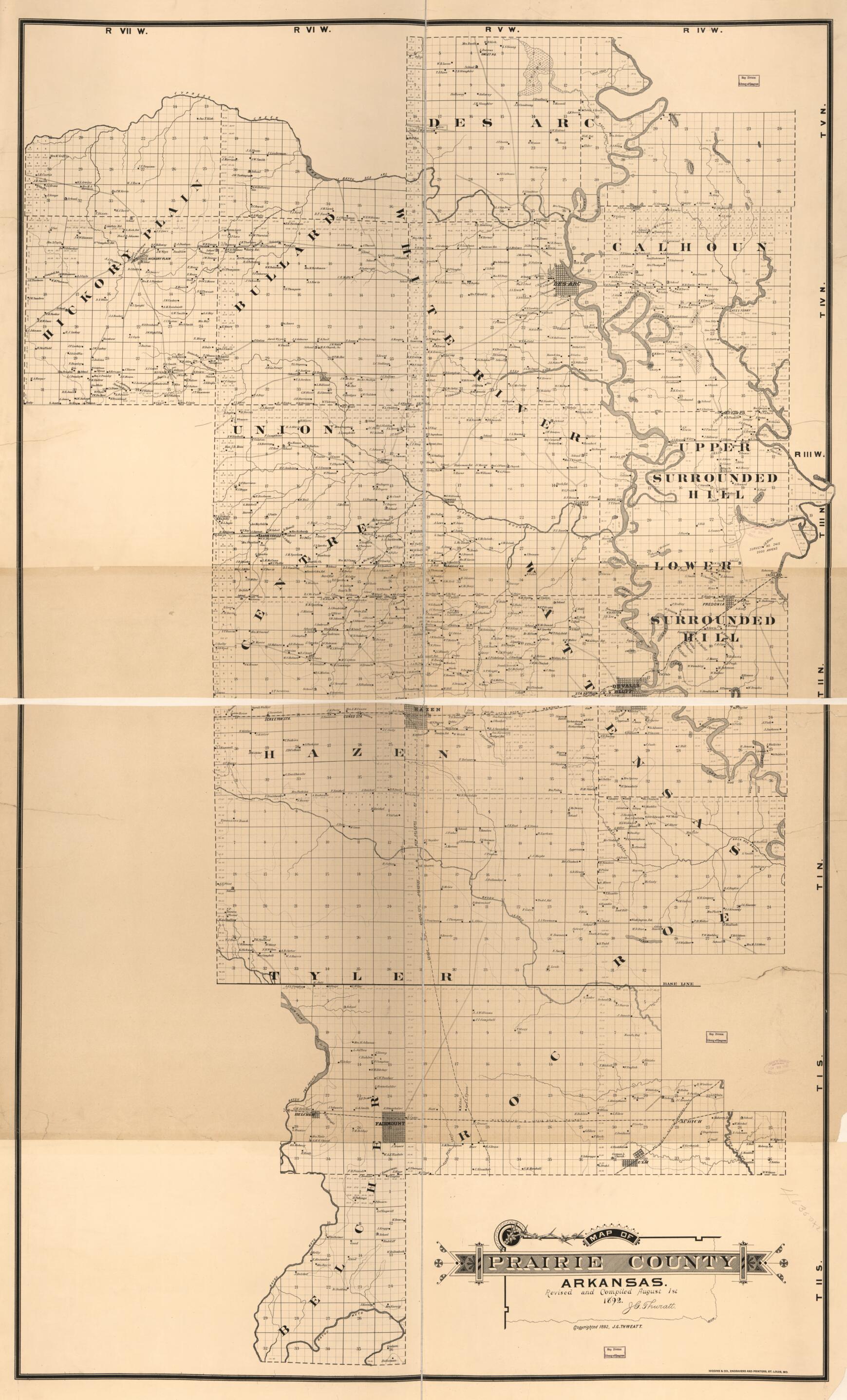 This old map of Map of Prairie County, Arkansas (Prairie County, Arkansas) from 1892 was created by J. G. (Joseph Gustavus) Thweatt in 1892