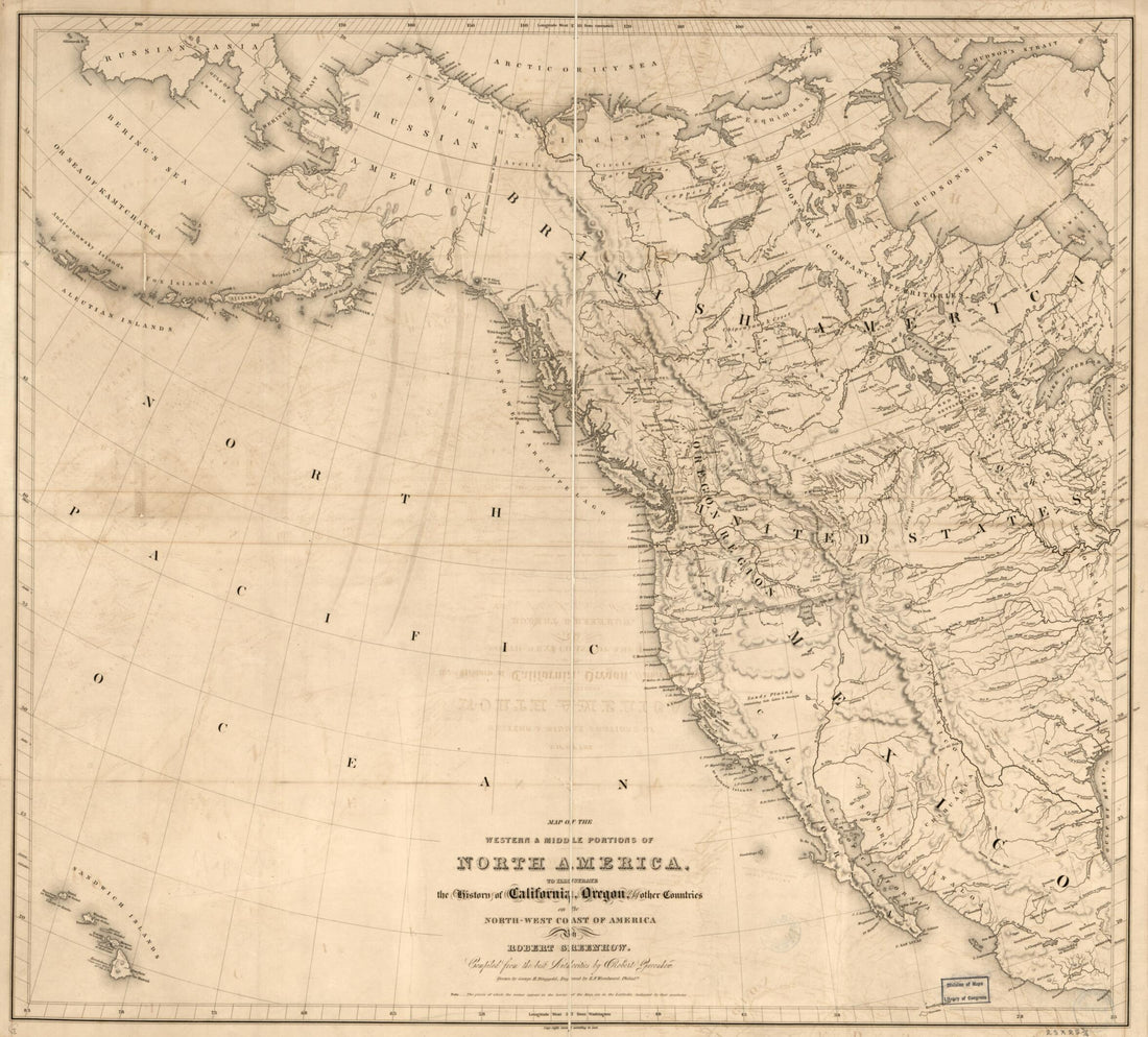 This old map of West Coast of America (Map of the Western and Middle Portions of North America) from 1844 was created by Robert Greenhow in 1844