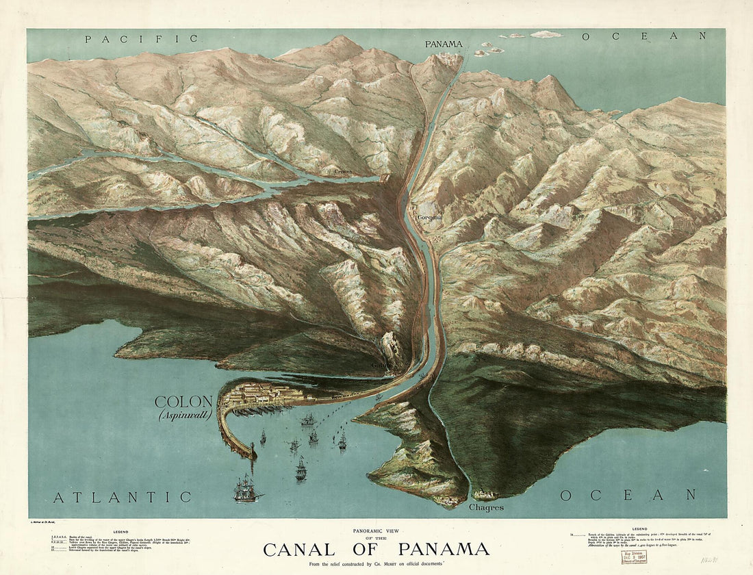 This old map of Panoramic View of the Canal of Panama, from the Relief Constructed by Ch. Muret On Official Documents from 1881 was created by Ch. (Muret Muret, L. Wuhrer in 1881