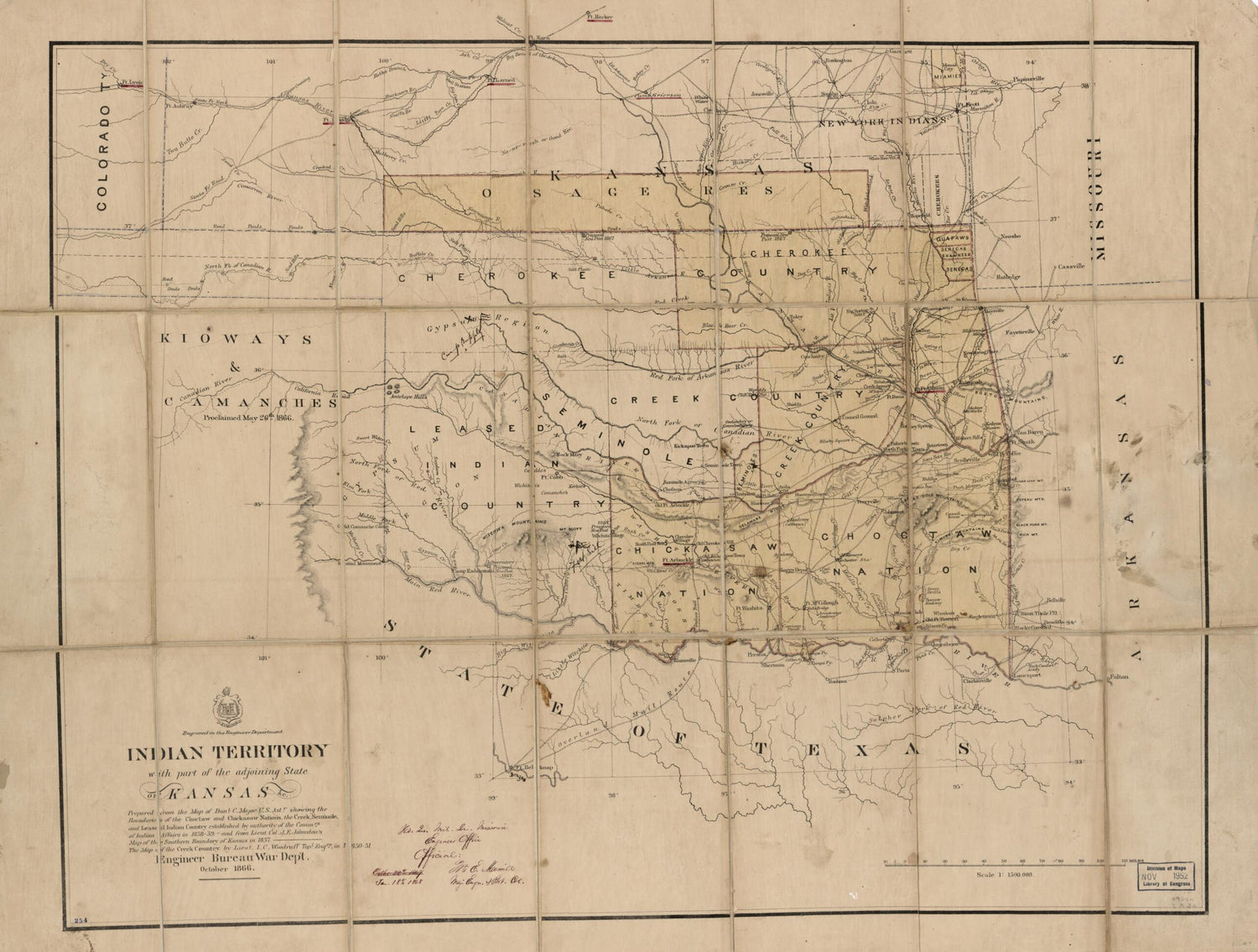 This old map of Indian Territory, With Part of the Adjoining State of Kansas, &amp;c from 1866 was created by  United States. Army. Corps of Topographical Engineers in 1866