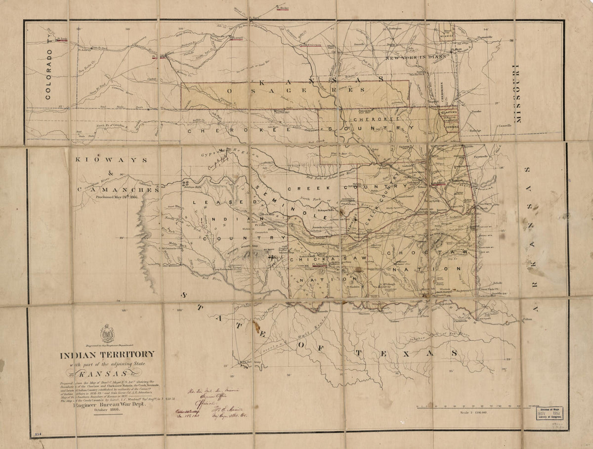 Indian Territory, With Part of the Adjoining State of Kansas 1866 by Relic Map Company