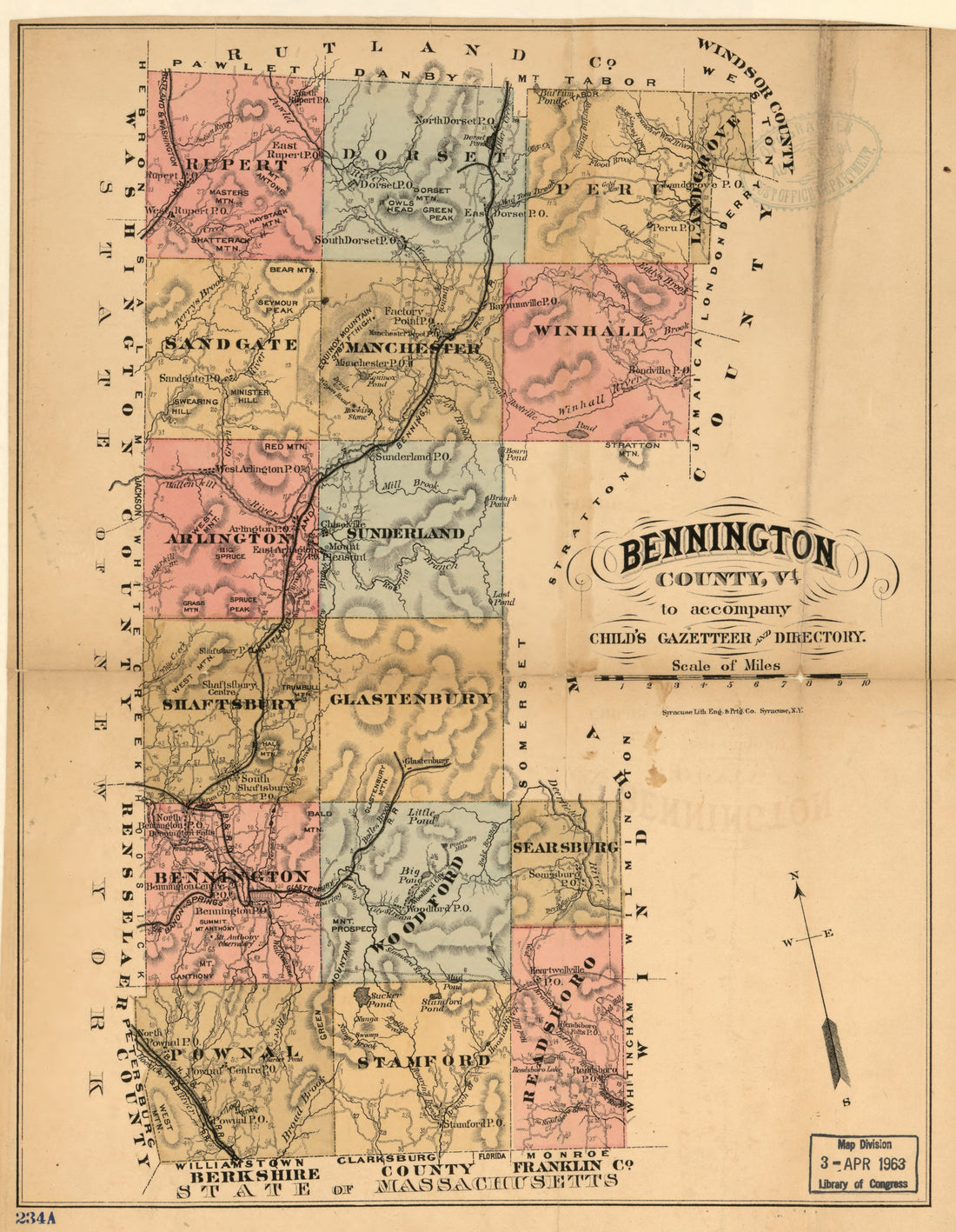 This hand drawn illustration (map) of Bennington County, Vermont to Accompany Child&