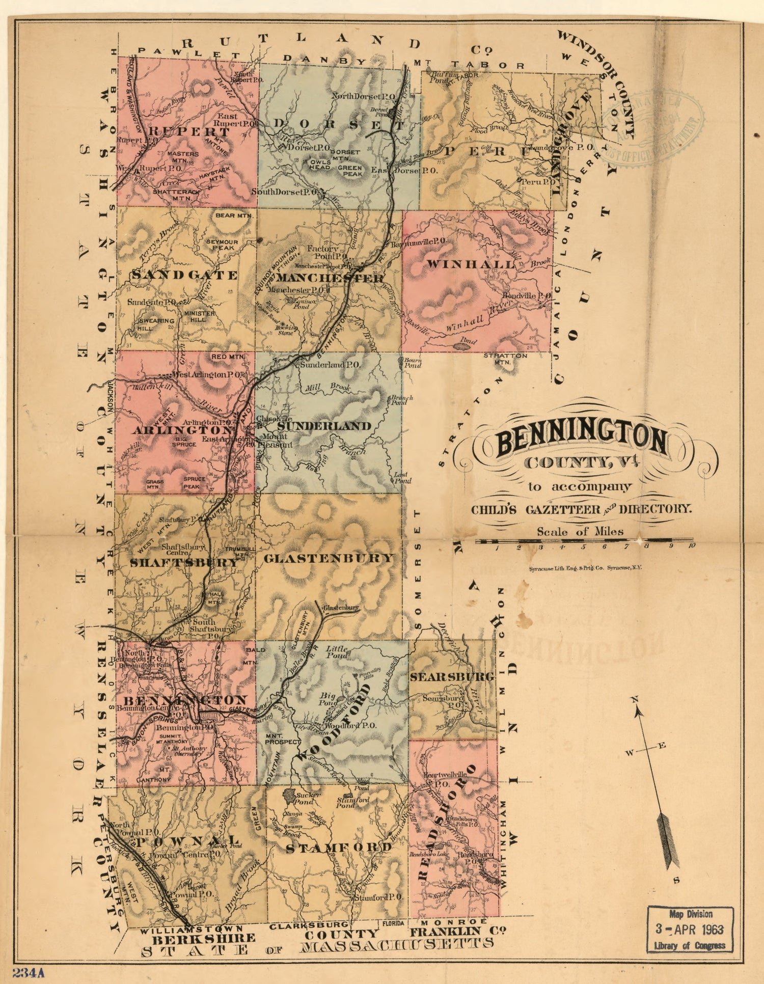 This hand drawn illustration (map) of Bennington County, Vermont to Accompany Child&