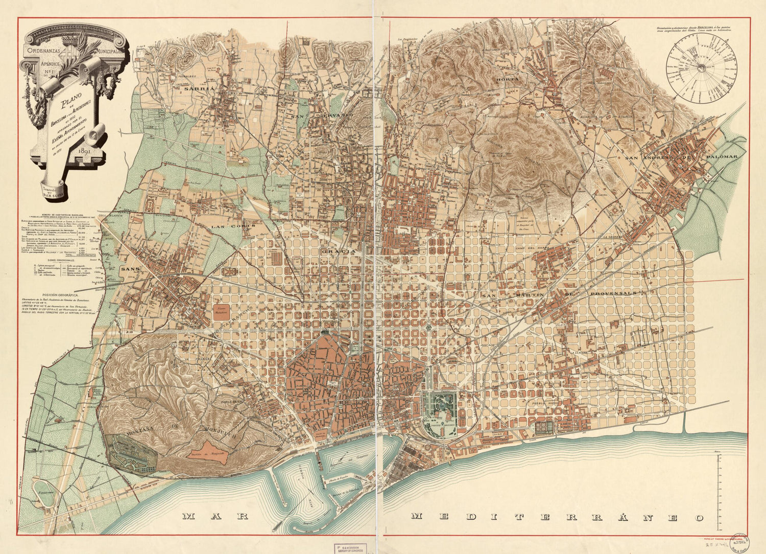This old map of Plano De Barcelona Y Sus Alrededores En 1890 : Aprobado Por El Exemo. Ayuntamiento En Session Del Dia 13 De Enero De from 1891 was created by D. J. M. Serra in 1891