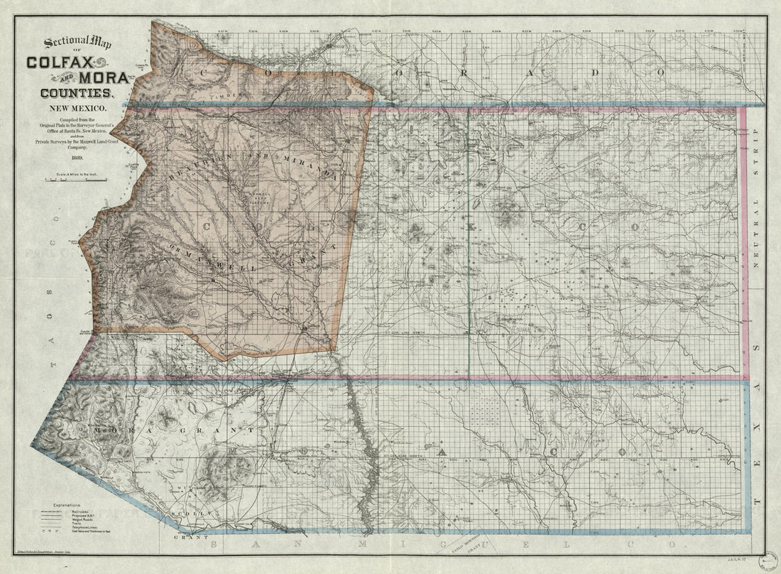 This old map of Sectional Map of Colfax and Mora Counties, New Mexico from 1889 was created by Edward Rollandet in 1889