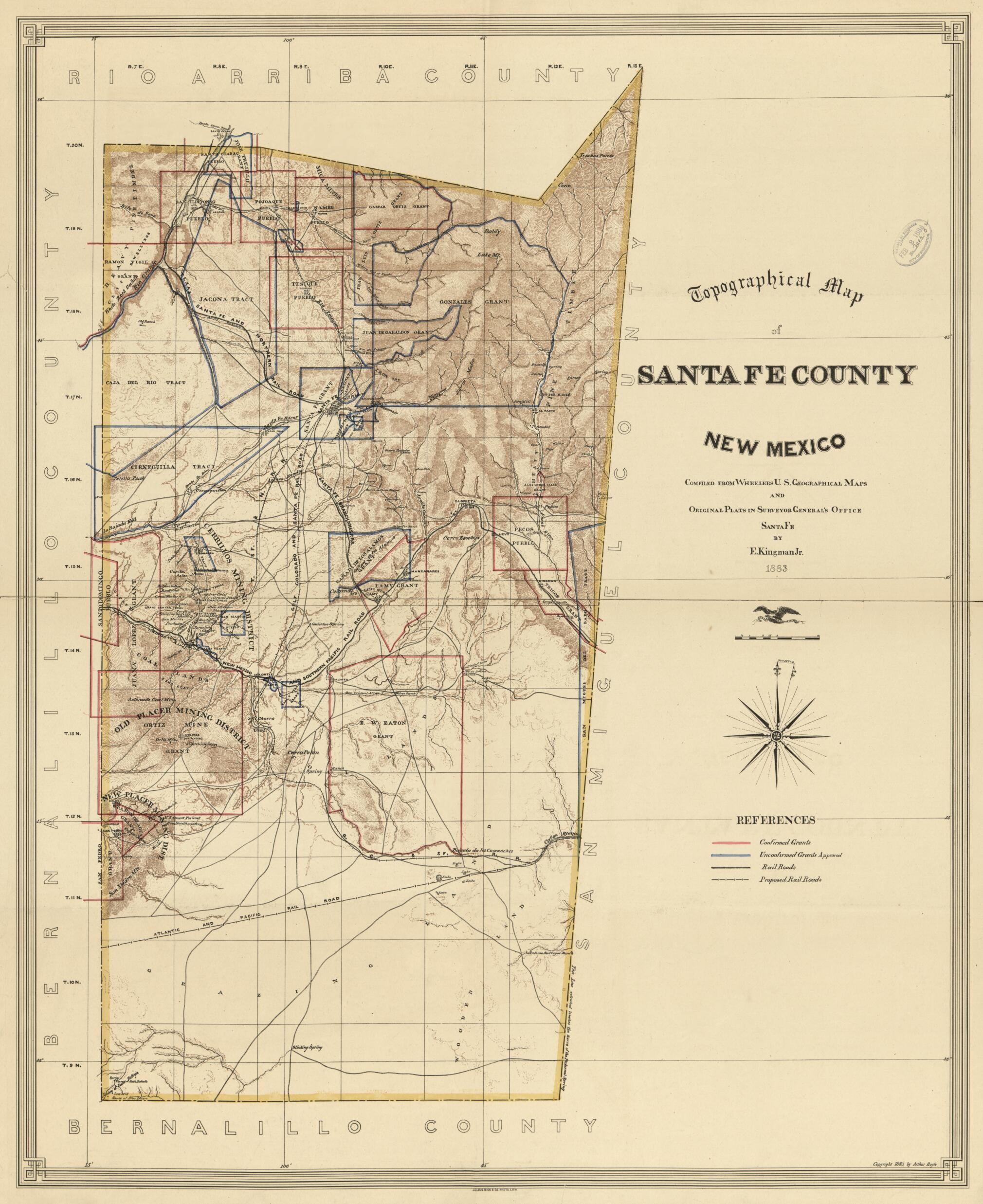 This old map of Topographical Map of Santa Fe County, New Mexico from 1883 was created by E. Kingman in 1883