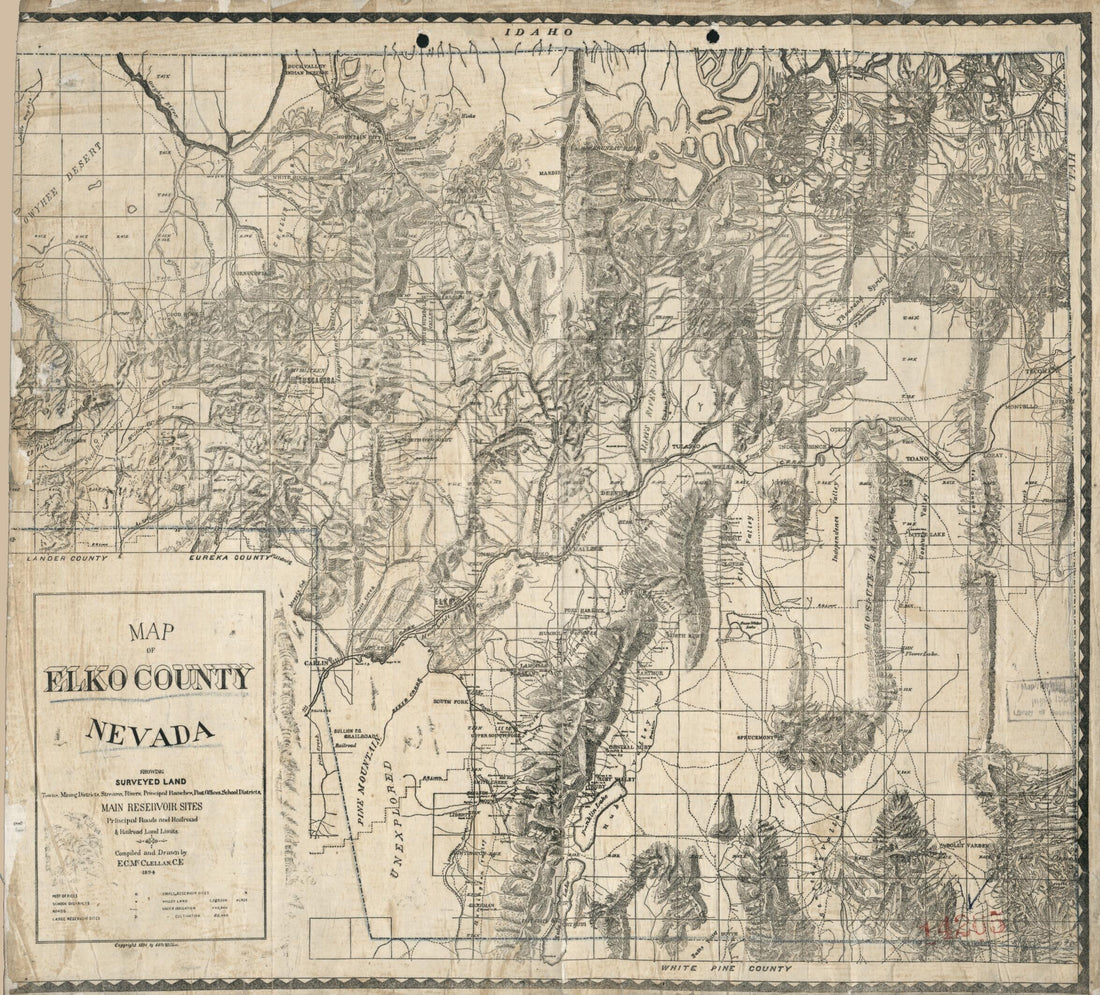 This old map of Map of Elko County, Nevada : Showing: Surveyed Land, Towns, Mining Districts, Streams, Rivers, Principal Ranches, Post Offices, School Districts, Main Reservoir Sites, Principal Roads and Railroad &amp; Railroad Land Limits from 1894 was crea