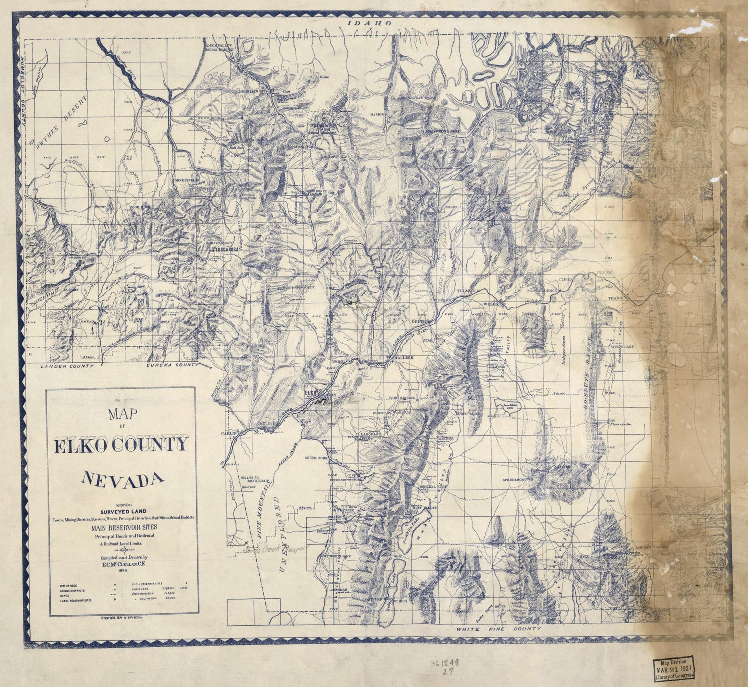 This old map of Map of Elko County, Nevada : Showing: Surveyed Land, Towns, Mining Districts, Streams, Rivers, Principal Ranches, Post Offices, School Districts, Main Reservoir Sites, Principal Roads and Railroad &amp; Railroad Land Limits from 1894 was crea