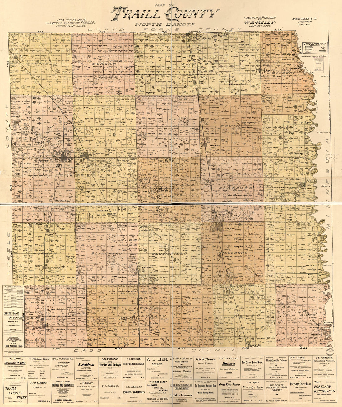 This old map of Map of Traill County, North Dakota from 1900 was created by W. A. Kelly in 1900