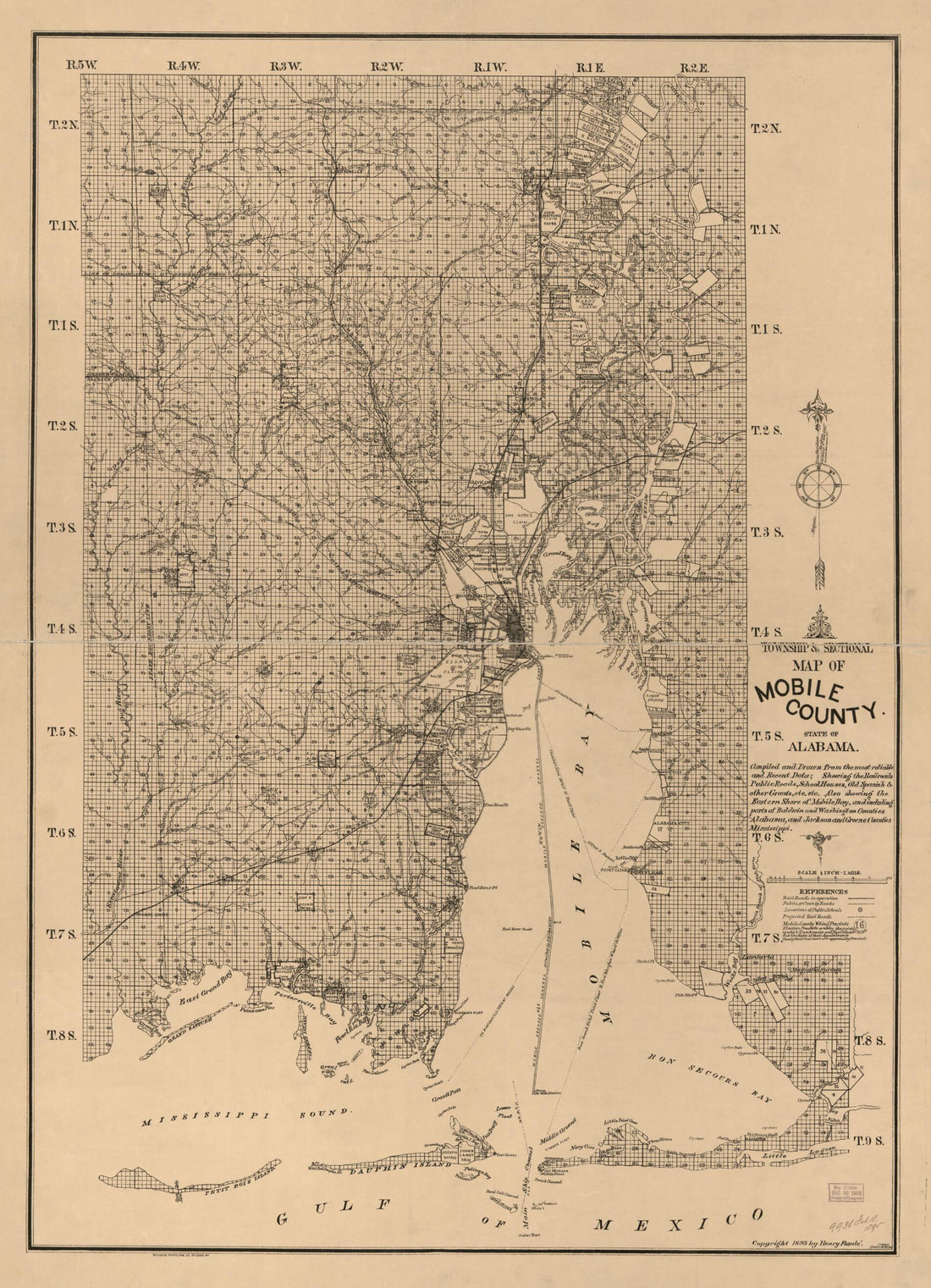 This old map of Township and Sectional Map of Mobile County, State of Alabama : Compiled and Drawn from the Most Reliable and Recent Data : Showing the Railroads, Public Roads, School Houses, Old Spanish &amp; Other Grants, Etc., Etc from 1895 was created by