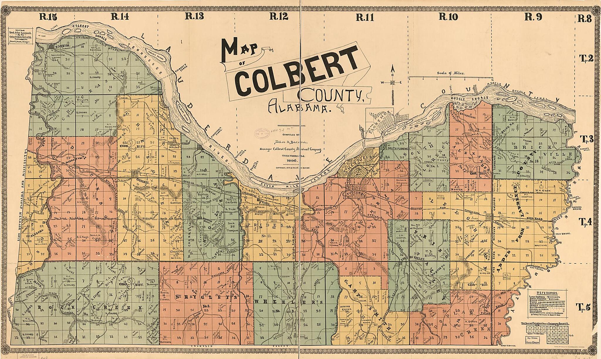 This old map of Map of Colbert County, Alabama from 1896 was created by Delos H. Bacon in 1896