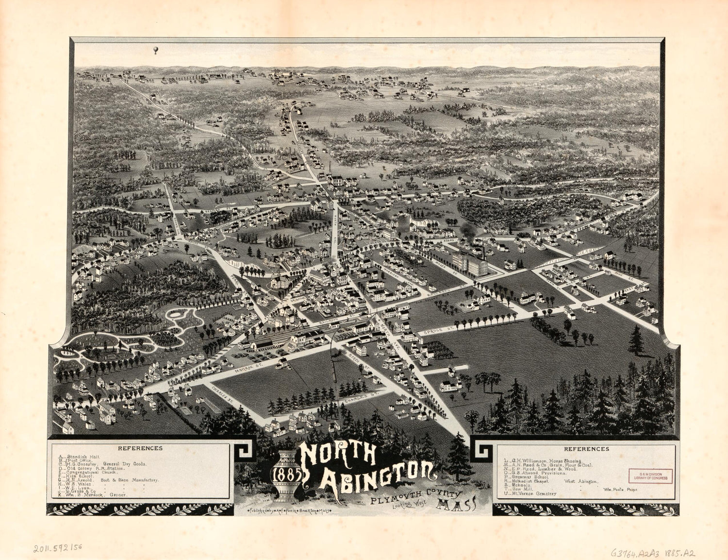 This old map of 1885 North Abington, Plymouth County, Massachusetts, Looking West. (North Abington, Plymouth County, Mass., Looking West, 1885) from 1974 was created by  in 1974