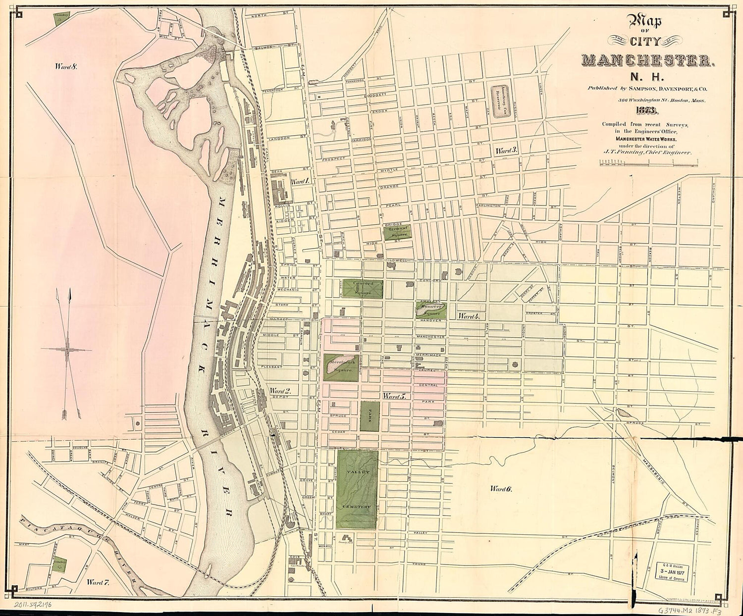 This old map of Map of the City of Manchester, New Hampshire : Compiled from Recent Surveys In the Engineers Office, Manchester Water Works from 1873 was created by John Thomas Fanning,  J. Mayer &amp; Co, Davenport &amp; Co Sampson in 1873
