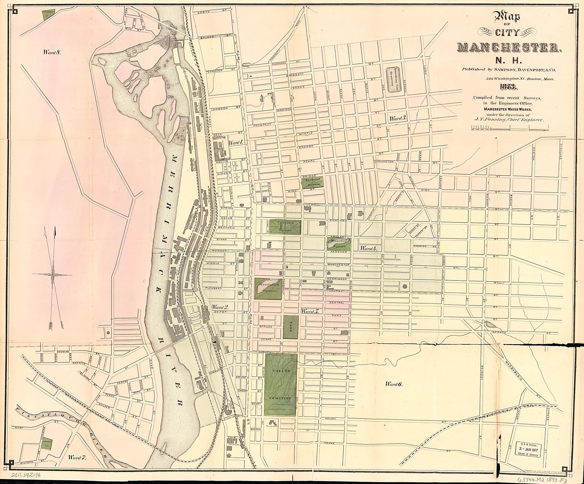 This old map of Map of the City of Manchester, New Hampshire : Compiled from Recent Surveys In the Engineers Office, Manchester Water Works from 1873 was created by John Thomas Fanning,  J. Mayer &amp; Co, Davenport &amp; Co Sampson in 1873